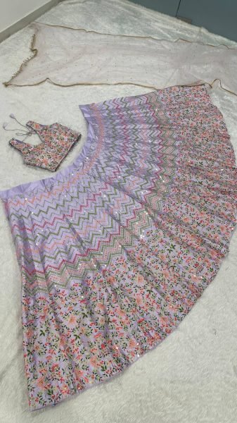 Mesmerizing Lavender Satin Silk Lehenga with Sequins Thread Work and Net Dupatta Bridal Lehenga Choli