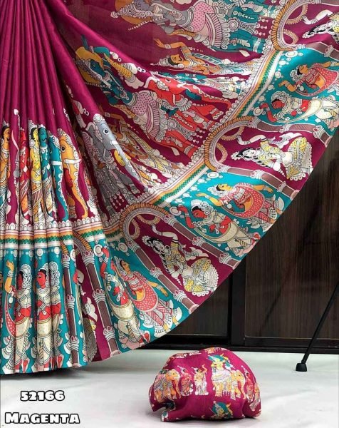 Mesmerizing Magenta Elegant Handloom Tussar Silk Kalamkari Saree with Digital Print Printed Cotton Sarees Wholesale