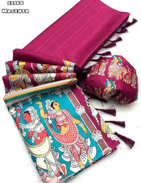 Mesmerizing Magenta Elegant Handloom Tussar Silk Kalamkari Saree with Digital Print Printed Cotton Sarees Wholesale