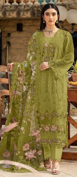 Mesmerizing Mahendi Green Festive Collection Cotton Chikankari Suit Set with Stylish Printed Dupatta Pakistani Suits Wholesale
