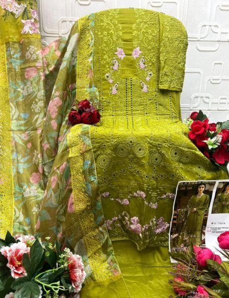 Mesmerizing Mahendi Green Festive Collection Cotton Chikankari Suit Set with Stylish Printed Dupatta Pakistani Suits Wholesale