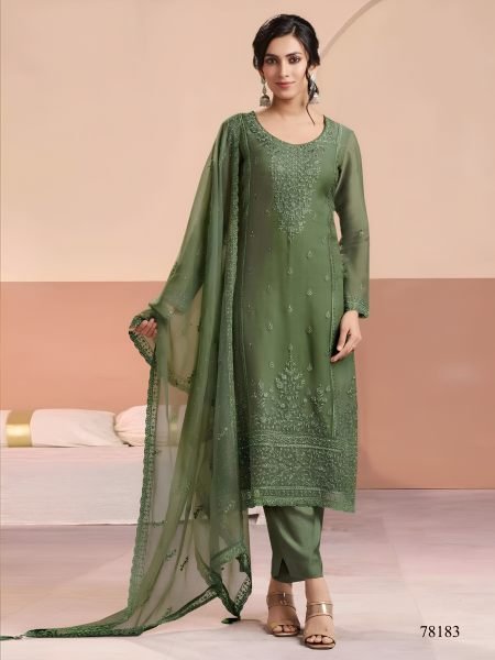 Mesmerizing Mahendi Green Heavy Chiffon Embroidered Suit Material with Designer Sleeves Salwar Kameez