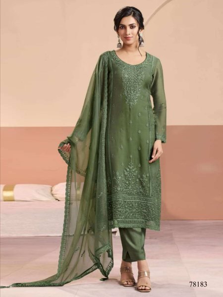 Mesmerizing Mahendi Green Heavy Chiffon Embroidered Suit Material with Designer Sleeves Churidar Salwar Suits Wholesale