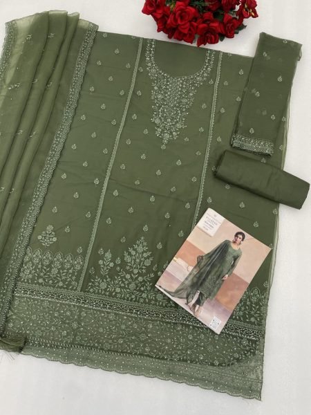 Mesmerizing Mahendi Green Heavy Chiffon Embroidered Suit Material with Designer Sleeves Churidar Salwar Suits Wholesale