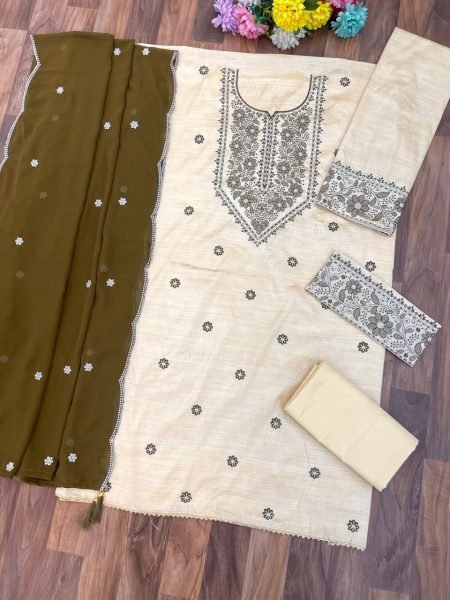 Mesmerizing Mahendi Green Khadi Cotton Suit with Sequins Embroidery Look Churidar Salwar Suits Wholesale