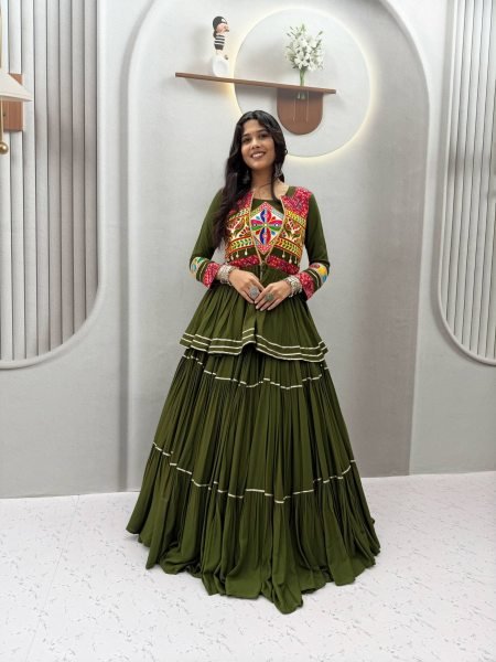 Mesmerizing Mahendi Green Navratri Pure Cotton Lehenga Choli Set with Gamthi Work  Lehenga