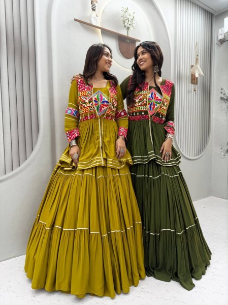 Mesmerizing Mahendi Green Navratri Pure Cotton Lehenga Choli Set with Gamthi Work Navratri Lehnega Choli