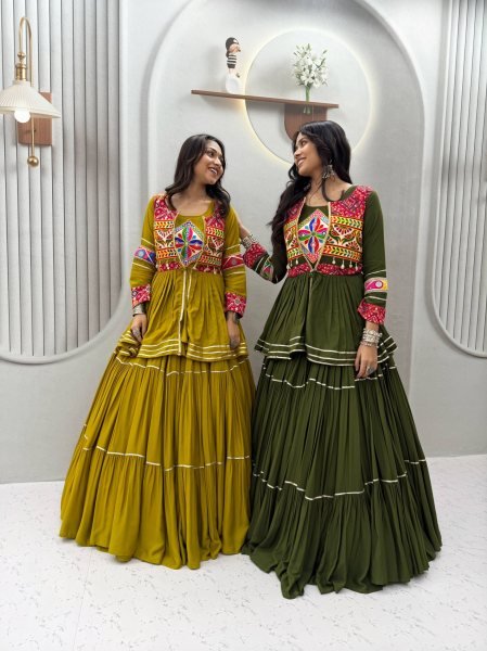 Mesmerizing Mahendi Green Navratri Pure Cotton Lehenga Choli Set with Gamthi Work Navratri Lehnega Choli