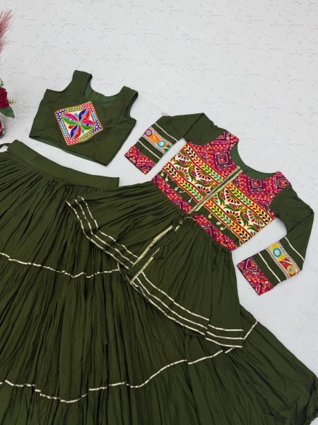 Mesmerizing Mahendi Green Navratri Pure Cotton Lehenga Choli Set with Gamthi Work Navratri Lehnega Choli