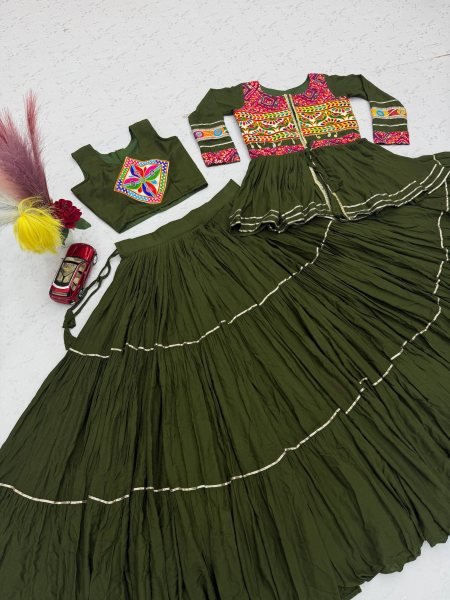 Mesmerizing Mahendi Green Navratri Pure Cotton Lehenga Choli Set with Gamthi Work Navratri Lehnega Choli