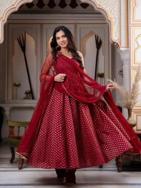 Mesmerizing Maroon Chanderi Jacquard Butti Anarkali Suit with Pearl Work Dupatta 