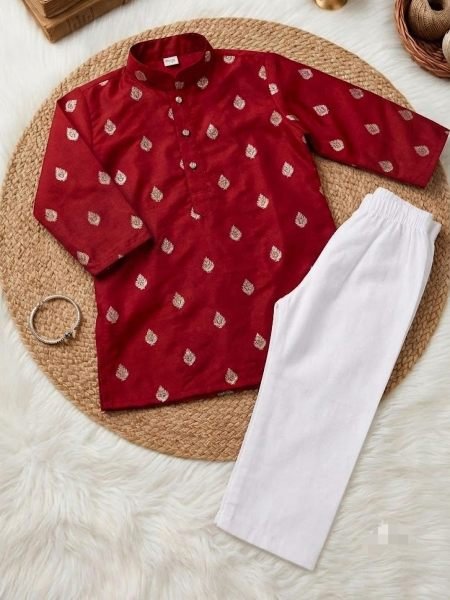 Mesmerizing Maroon Designer Boys Kurta Pant Set with Gold Zari Work for Wedding 