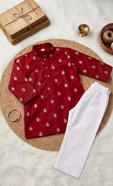 Mesmerizing Maroon Designer Boys Kurta Pant Set with Gold Zari Work for Wedding Boys Wear