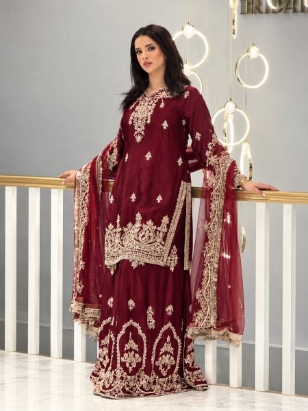 Mesmerizing Maroon Designer Glass Satin Top with Matching Embroidered Palazzo Ready To Wear Suit