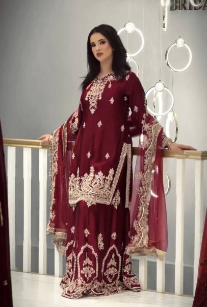 Mesmerizing Maroon Designer Glass Satin Top with Matching Embroidered Palazzo Ready To Wear Collection
