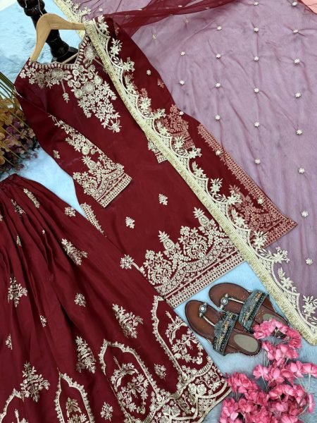 Mesmerizing Maroon Designer Glass Satin Top with Matching Embroidered Palazzo Ready To Wear Collection