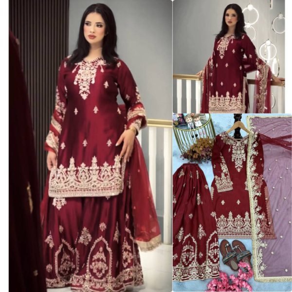 Mesmerizing Maroon Designer Glass Satin Top with Matching Embroidered Palazzo Ready To Wear Collection