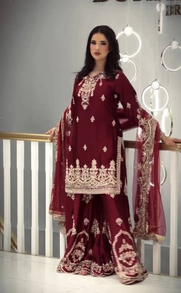 Mesmerizing Maroon Designer Glass Satin Top with Matching Embroidered Palazzo Ready To Wear Collection