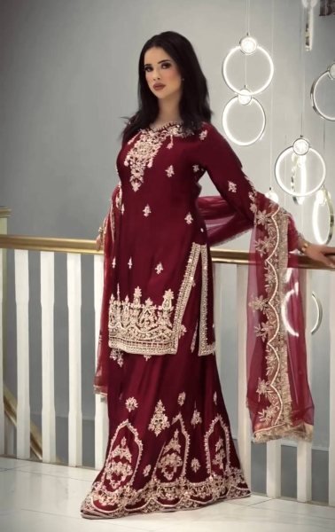 Mesmerizing Maroon Designer Glass Satin Top with Matching Embroidered Palazzo Ready To Wear Collection