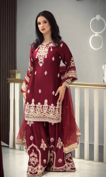 Mesmerizing Maroon Designer Glass Satin Top with Matching Embroidered Palazzo Ready To Wear Collection