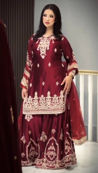 Mesmerizing Maroon Designer Glass Satin Top with Matching Embroidered Palazzo Ready To Wear Collection
