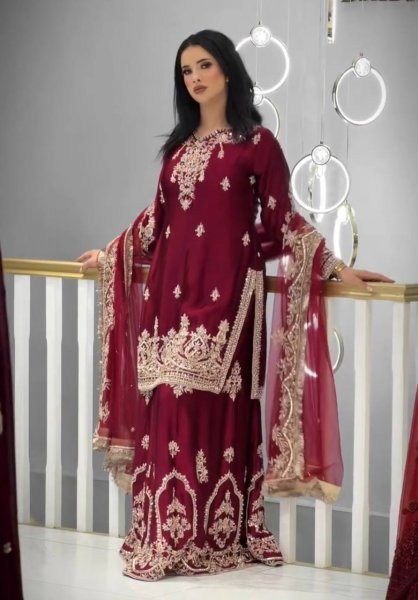 Mesmerizing Maroon Designer Glass Satin Top with Matching Embroidered Palazzo Ready To Wear Collection