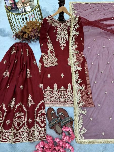 Mesmerizing Maroon Designer Glass Satin Top with Matching Embroidered Palazzo Ready To Wear Collection
