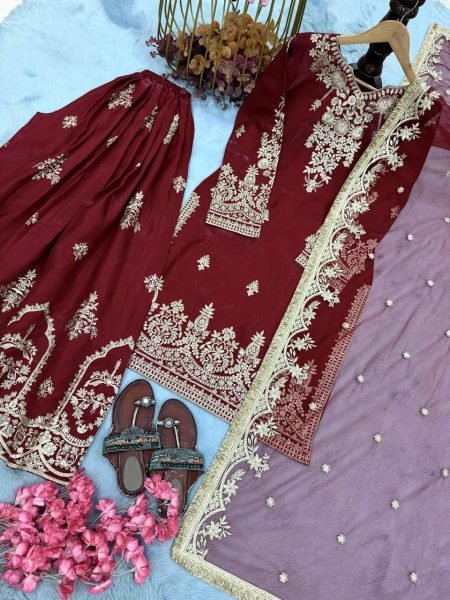 Mesmerizing Maroon Designer Glass Satin Top with Matching Embroidered Palazzo Ready To Wear Collection