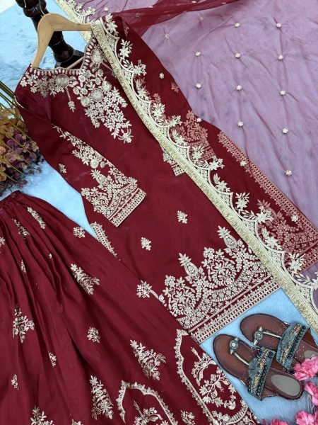 Mesmerizing Maroon Designer Glass Satin Top with Matching Embroidered Palazzo Ready To Wear Collection