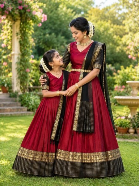 Mesmerizing Maroon Designer Silk Lehenga Choli Combo Set for Mother and Daughter Festive Wear  Lehenga