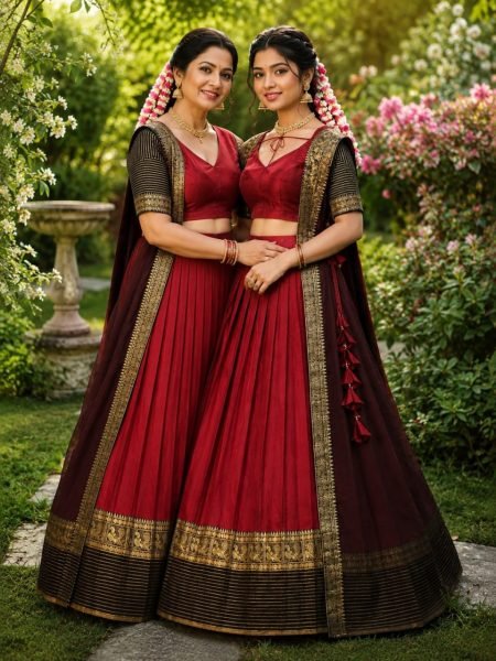 Mesmerizing Maroon Designer Silk Lehenga Choli Combo Set for Mother and Daughter Festive Wear Half Saree Lehenga