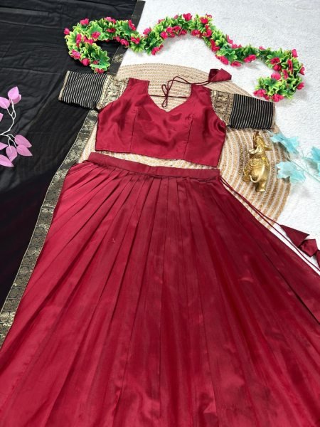 Mesmerizing Maroon Designer Silk Lehenga Choli Combo Set for Mother and Daughter Festive Wear Half Saree Lehenga