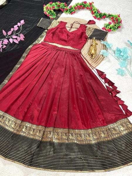 Mesmerizing Maroon Designer Silk Lehenga Choli Combo Set for Mother and Daughter Festive Wear Half Saree Lehenga