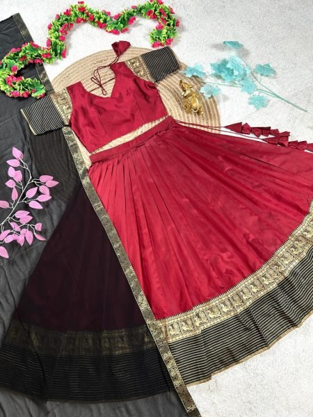 Mesmerizing Maroon Designer Silk Lehenga Choli Combo Set for Mother and Daughter Festive Wear Half Saree Lehenga