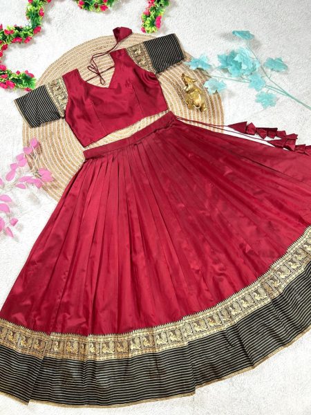 Mesmerizing Maroon Designer Silk Lehenga Choli Combo Set for Mother and Daughter Festive Wear Half Saree Lehenga