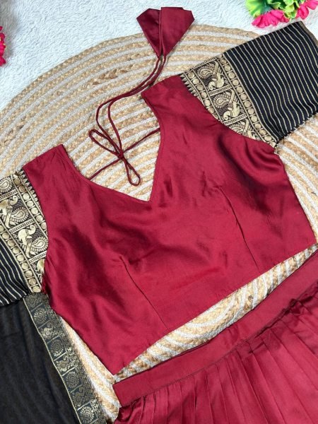 Mesmerizing Maroon Designer Silk Lehenga Choli Combo Set for Mother and Daughter Festive Wear Half Saree Lehenga