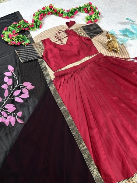 Mesmerizing Maroon Designer Silk Lehenga Choli Combo Set for Mother and Daughter Festive Wear Half Saree Lehenga