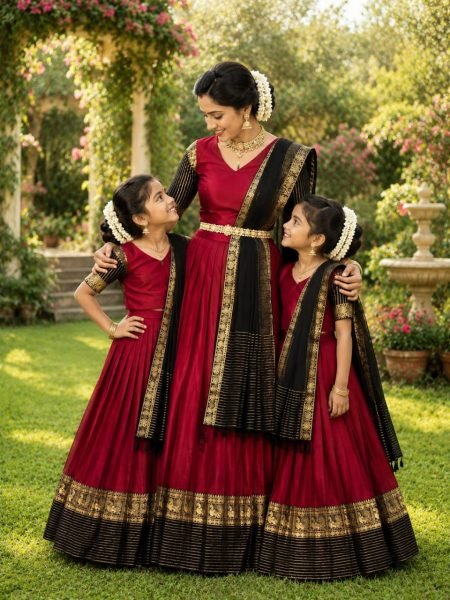 Mesmerizing Maroon Designer Silk Lehenga Choli Combo Set for Mother and Daughter Festive Wear Half Saree Lehenga