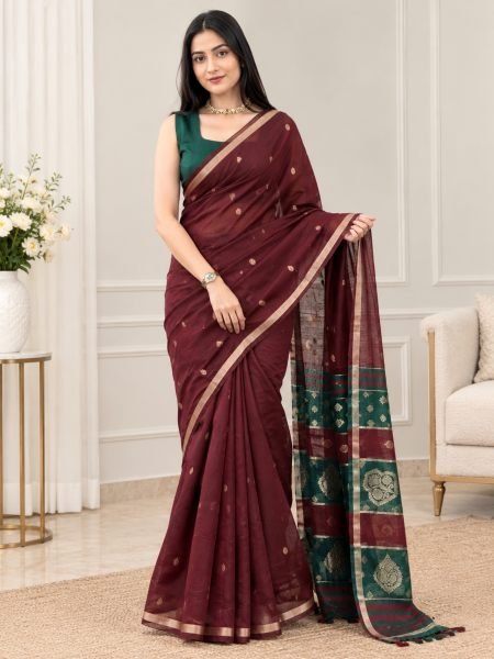 Mesmerizing Maroon Maheshwari Cotton Saree with Contrast Border and Pallu Sarees 