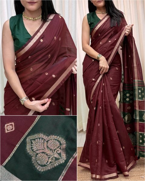 Mesmerizing Maroon Maheshwari Cotton Saree with Contrast Border and Pallu Printed Cotton Sarees Wholesale