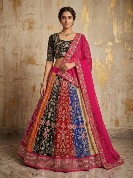 Mesmerizing Multi Color Faux Georgette Lehenga with 5 Meter Flair for Wedding Wear  Lehenga