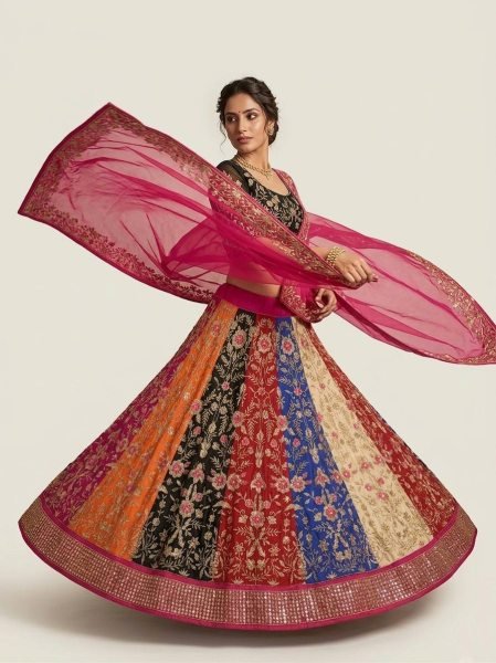 Mesmerizing Multi Color Faux Georgette Lehenga with 5 Meter Flair for Wedding Wear Designer Lehenga Choli