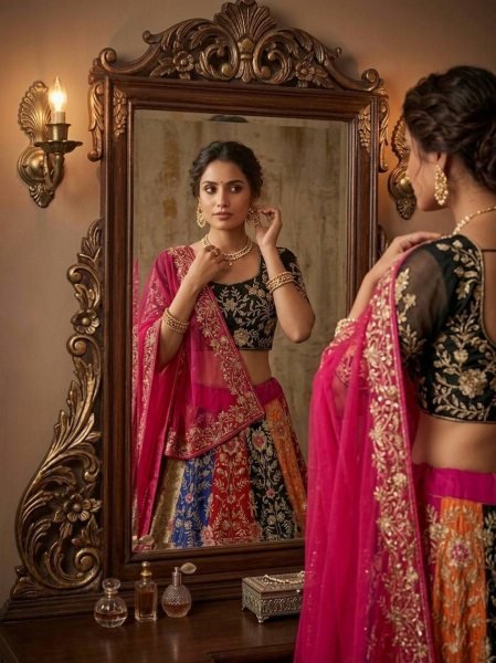 Mesmerizing Multi Color Faux Georgette Lehenga with 5 Meter Flair for Wedding Wear Designer Lehenga Choli