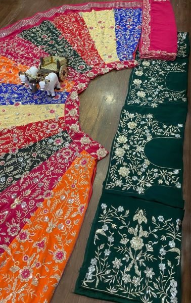 Mesmerizing Multi Color Faux Georgette Lehenga with 5 Meter Flair for Wedding Wear Designer Lehenga Choli