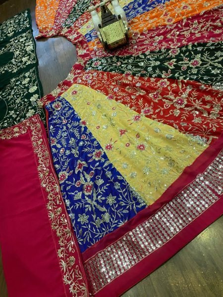 Mesmerizing Multi Color Faux Georgette Lehenga with 5 Meter Flair for Wedding Wear Designer Lehenga Choli