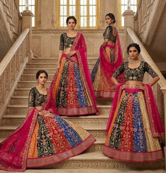 Mesmerizing Multi Color Faux Georgette Lehenga with 5 Meter Flair for Wedding Wear Designer Lehenga Choli