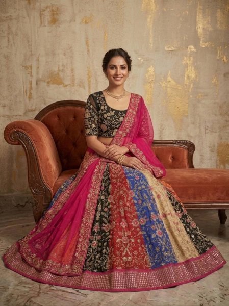Mesmerizing Multi Color Faux Georgette Lehenga with 5 Meter Flair for Wedding Wear Designer Lehenga Choli