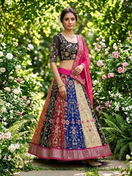 Mesmerizing Multi Color Faux Georgette Lehenga with 5 Meter Flair for Wedding Wear Designer Lehenga Choli