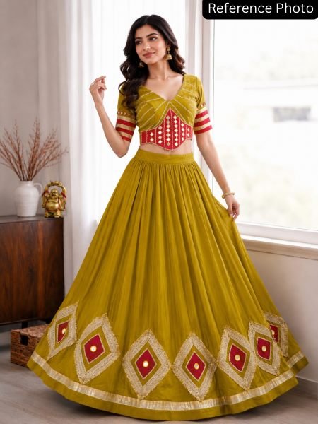 Mesmerizing Mustard Yellow Cotton Mirror Work Lehenga with Ready to Wear Stitched Top  Lehenga