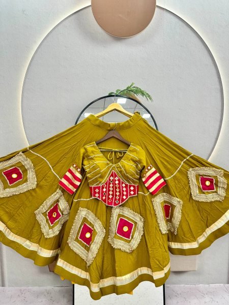 Mesmerizing Mustard Yellow Cotton Mirror Work Lehenga with Ready to Wear Stitched Top Navratri Lehnega Choli